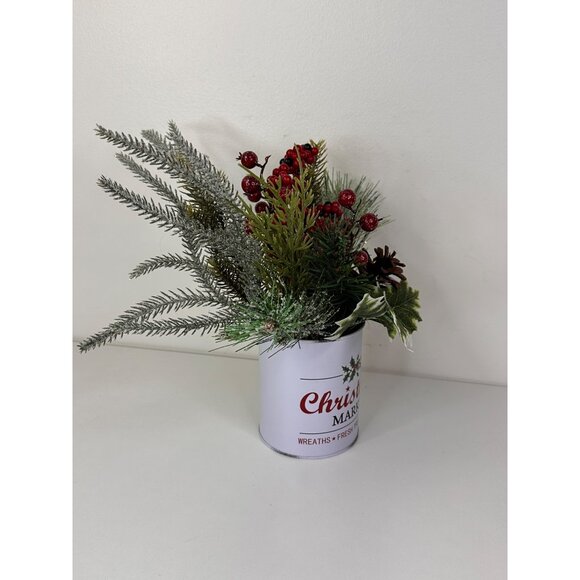Artificial Christmas Arrangement In White Christmas Market Tin For Holiday Decor - Picture 4 of 9